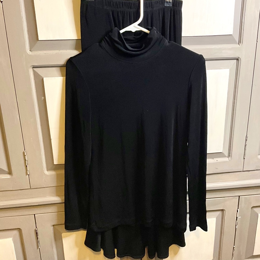 Chicos Travelors Black skirt and turtleneck long sleeve top.